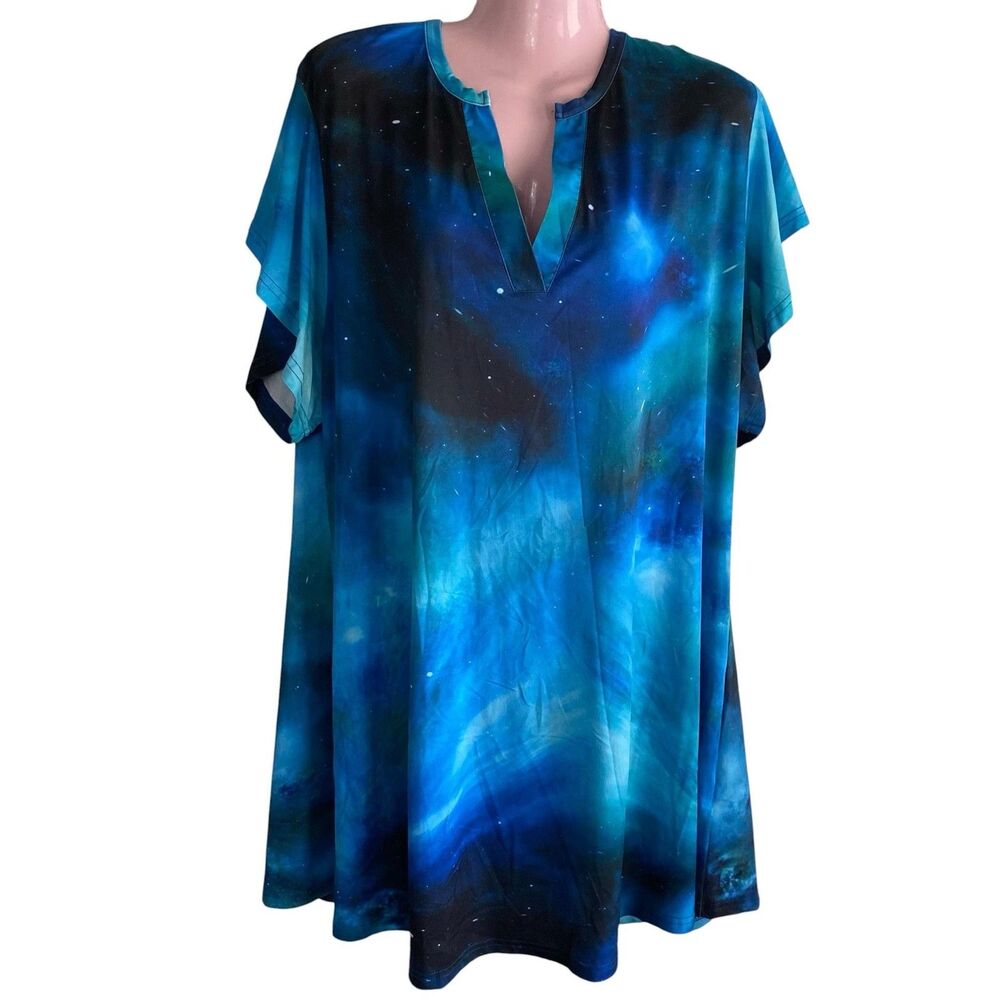 Lily By Firmiana Tunic Top Womens 3X Blue Galaxy Print Dolman V Neck Stretch
